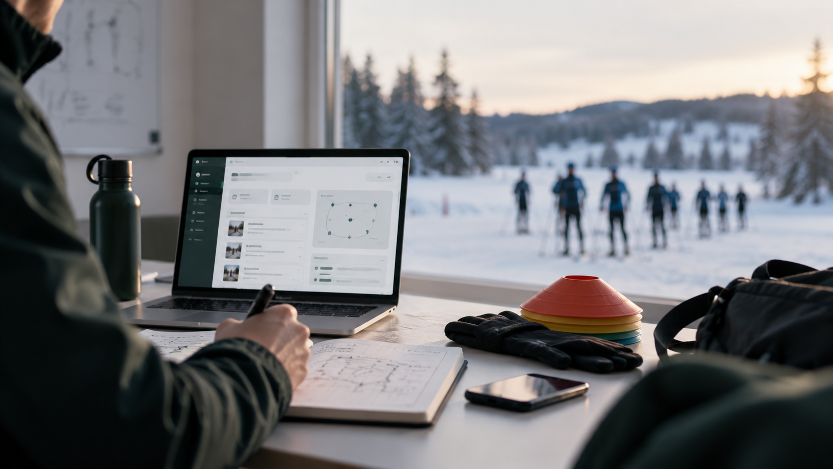 Trener planlegger økt i trenr. ved siden av skiutstyr og treningsfeltet i bakgrunnen