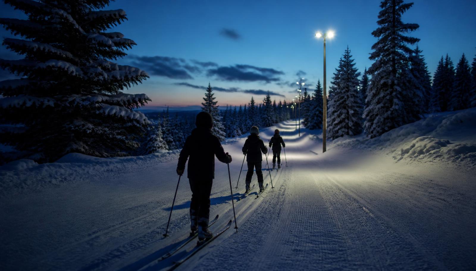 Barn på ski i lysløype i blåtimen