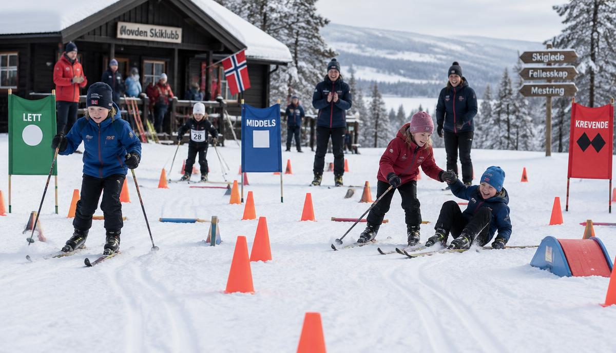 Barn i en hinderløype på ski med flere vanskelighetsgrader, der et barn hjelper en venn som har falt.