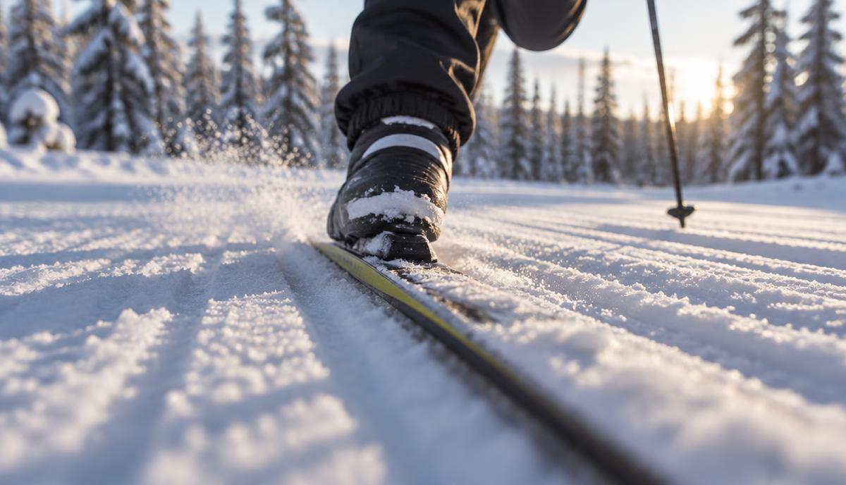 En langrennsski glir på hard, nypreparert snø mens det spruter løssnø bak.