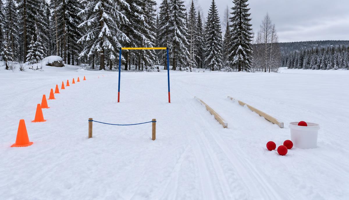 En skileik-bane på snøen: kjegler i en sving, et lavt tau å stige over, en liten port, balanserbommer og en bøtte med røde baller som kastemål.