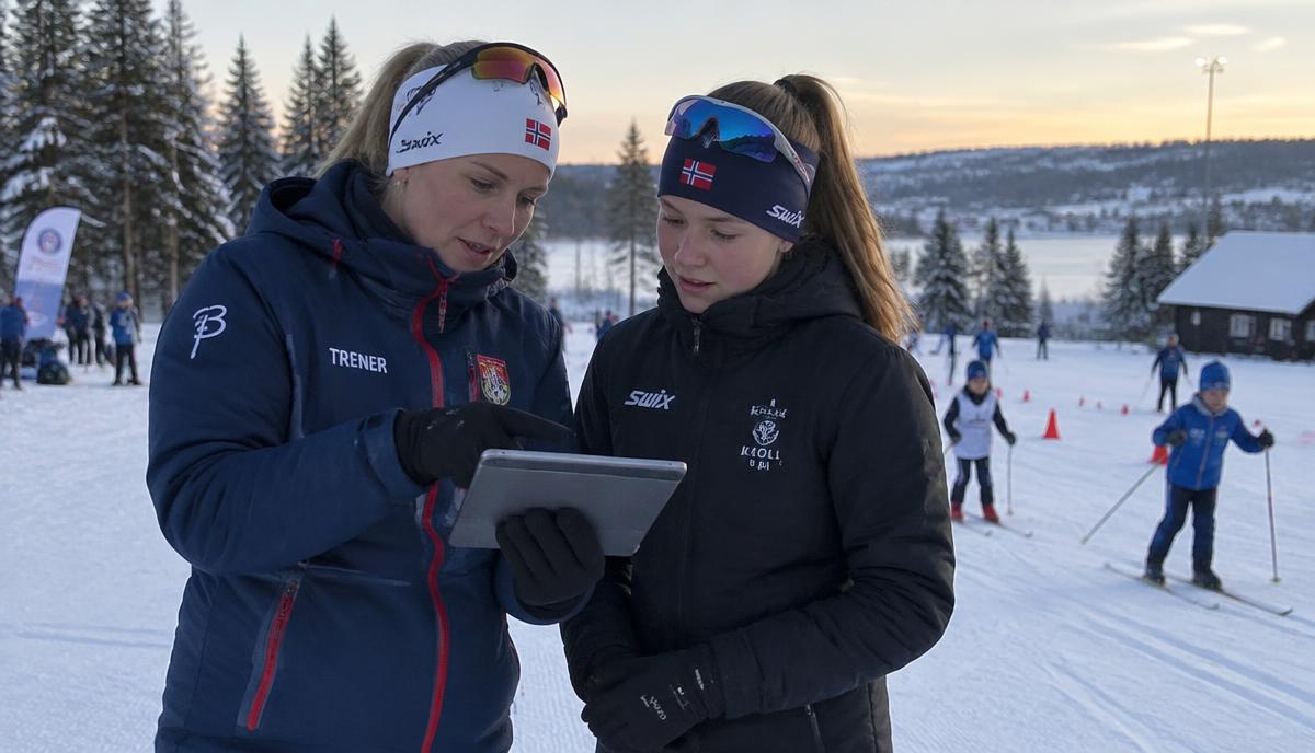 En erfaren trener viser en ny trener treningsplanen sin på et nettbrett ved et skitreinsområde.
