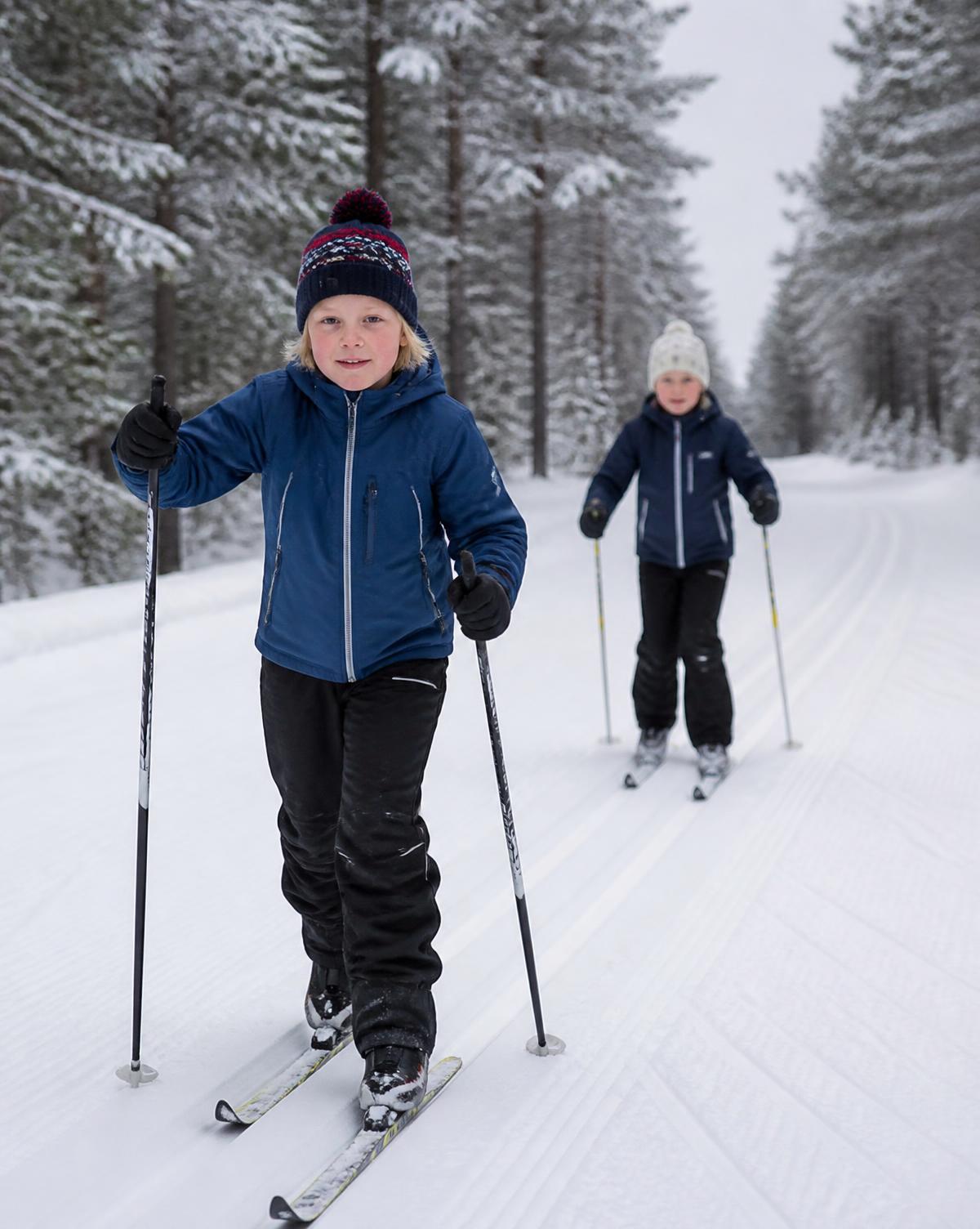 Barn på langrennsski i snødekt granskog