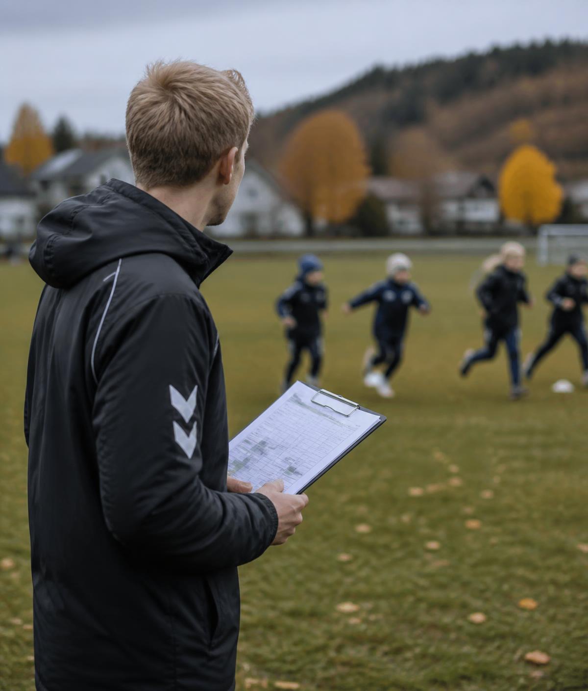 Trener med øktplan på klemmebrett mens barna løper på banen