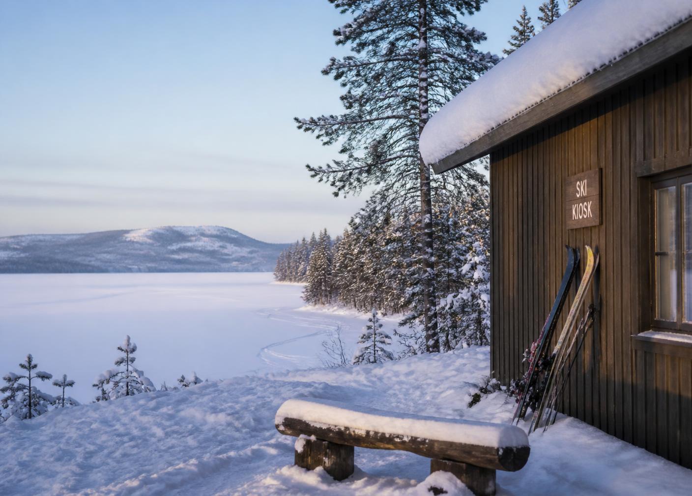 Vinterlandskap med skihytte ved frossen innsjø